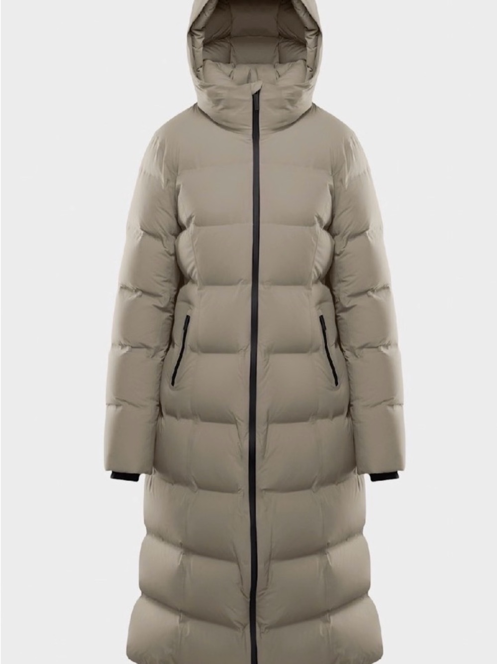 Aritzia Long Hooded Puffer Coat in Taupe